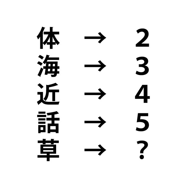 【頭の体操クイズ】「体 → 2　海 → 3　近 → 4　話 → 5」 さて「草」はいくつ？