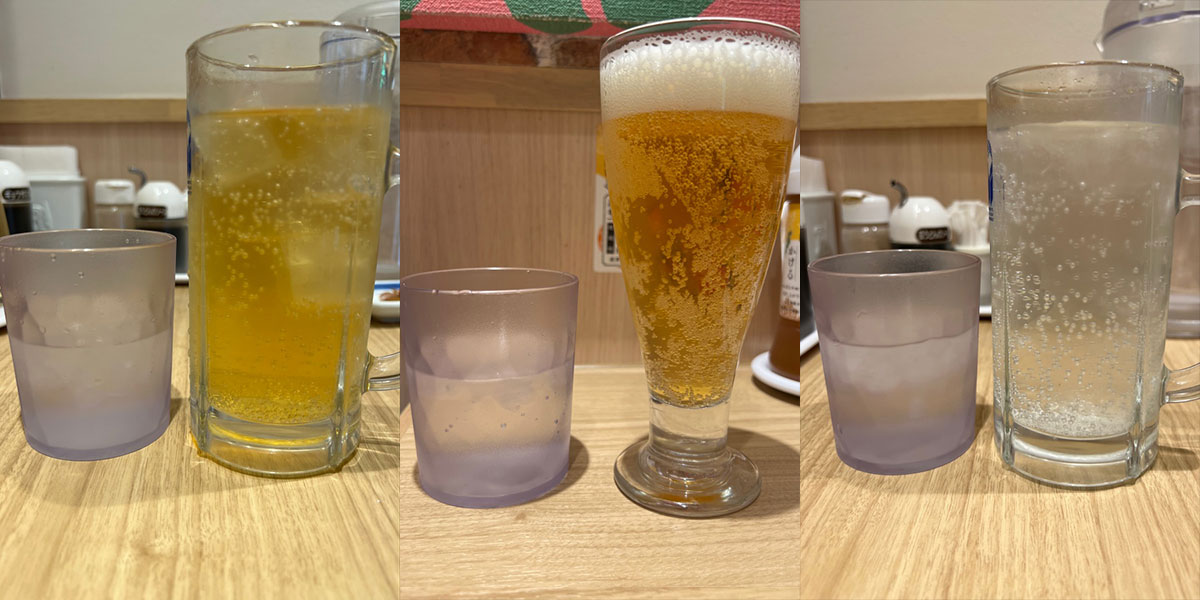 リンガーハットの店舗限定「チョイ飲みセット（670円）」は生ビールだけグラスが小さい？ サイズを確かめるために3種のセットを全制覇して気づいたこと