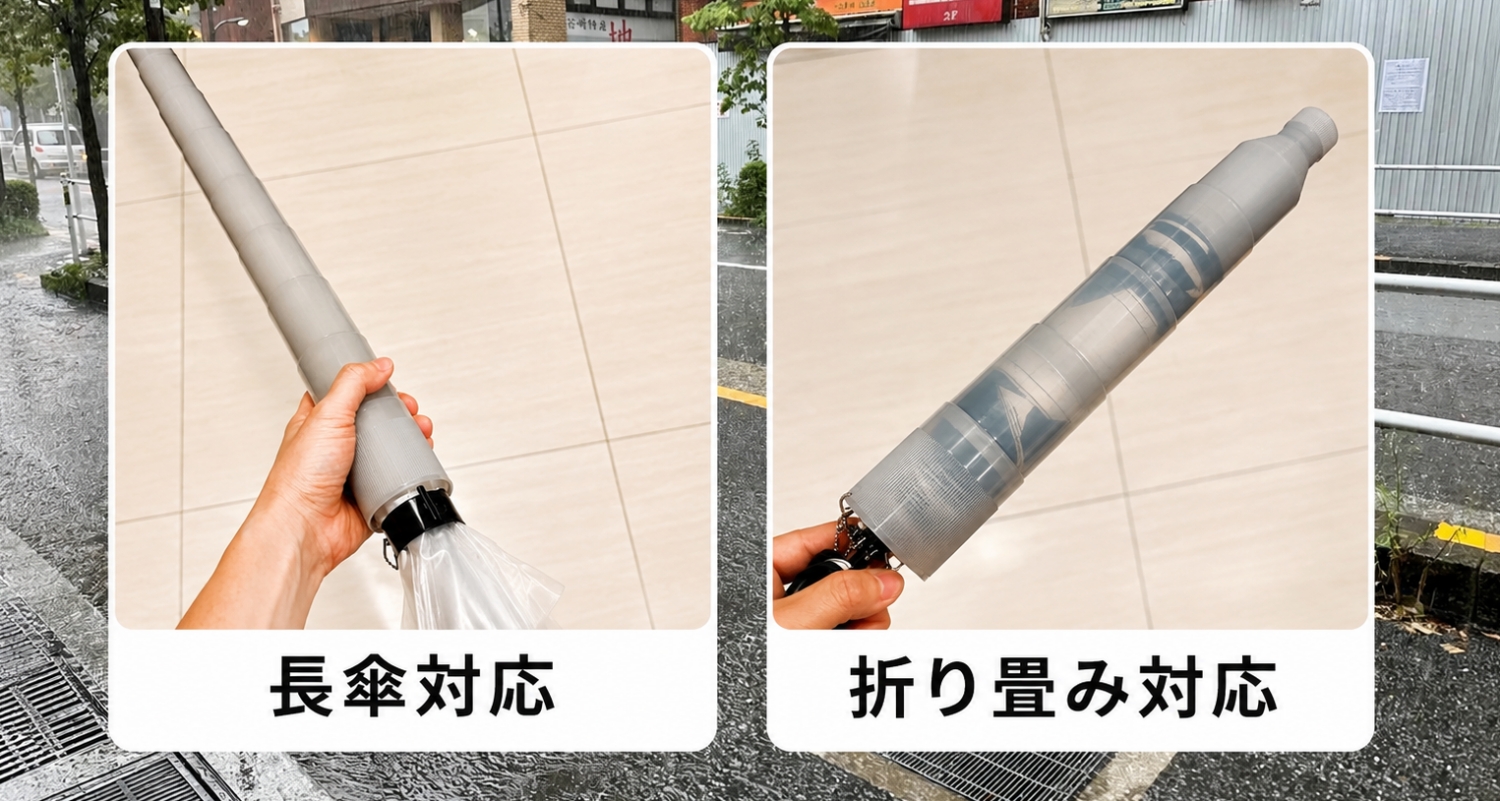 梅雨の電車ストレスが激減。ダイソーの220円「伸縮傘カバー」は長傘も折り畳みもこなす万能選手だった