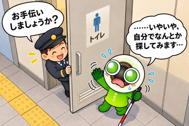 トイレの前で、白杖を持つ緑色のキャラクター(りょく君)が駅員から声を掛けられ、焦っている様子のイラスト。「お手伝いしましょうか?」「……いやいや、自分でなんとか探してみます…」という吹き出しテキスト付き。