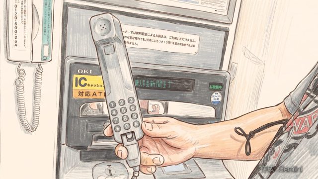 ATMから取り出された、テンキー付きの受話器を片手で持っている手描きイラスト風の画像。背景にはATMの機械や、左側の壁に設置された電話機が見える