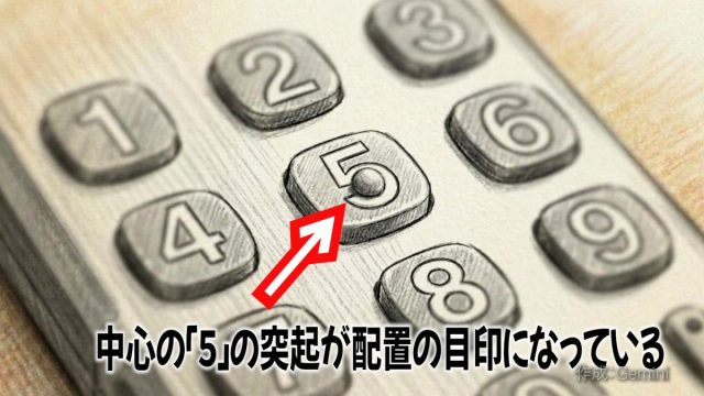 テンキーの「5」のボタンにある小さな突起が、赤い矢印で指し示されているイラスト。「中心の『5』の突起が配置の目印になっている」というテキスト付き