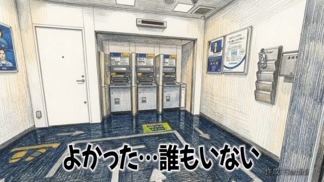 誰もいない銀行のATMコーナーを描いた、手描き・スケッチ風のイラスト。画像の下部中央に「よかった…誰もいない」という大きな文字が配置されている