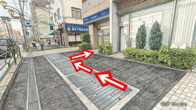 街頭の歩道から建物の入口(みずほ銀行のATMコーナー)へ向かうルートが、赤い矢印で描かれたスケッチ風のイラスト。