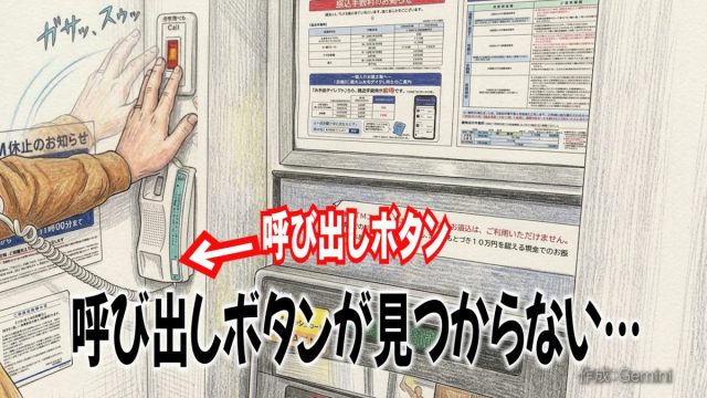 ATM横の壁を探りながら上部のインターホンボタンを押す手と、その下にある受話器を「呼び出しボタン」と示す矢印のイラスト。「呼び出しボタンが見つからない…」というテキスト付き。