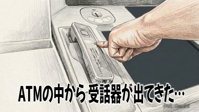 ATM本体から露出した受話器に手が触れている手描き風のイラスト。「ATMの中から 受話器が出てきた…」というテキスト付き。