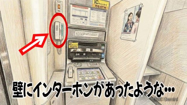 ATMのすぐ横の壁に取り付けられたインターホン(受話器)が、赤い丸と赤い矢印で強調されている、手描きイラスト風の画像。「壁にインターホンがあったような…」という大きな文字が下部に書かれている。