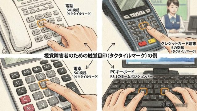 「視覚障害者のための触覚目印(タクタイルマーク)の例」として、電話、クレジットカード端末、電卓の「5」の突起、およびPCキーボードの「F」と「J」のホームポジションバーを説明する4分割のイラスト。